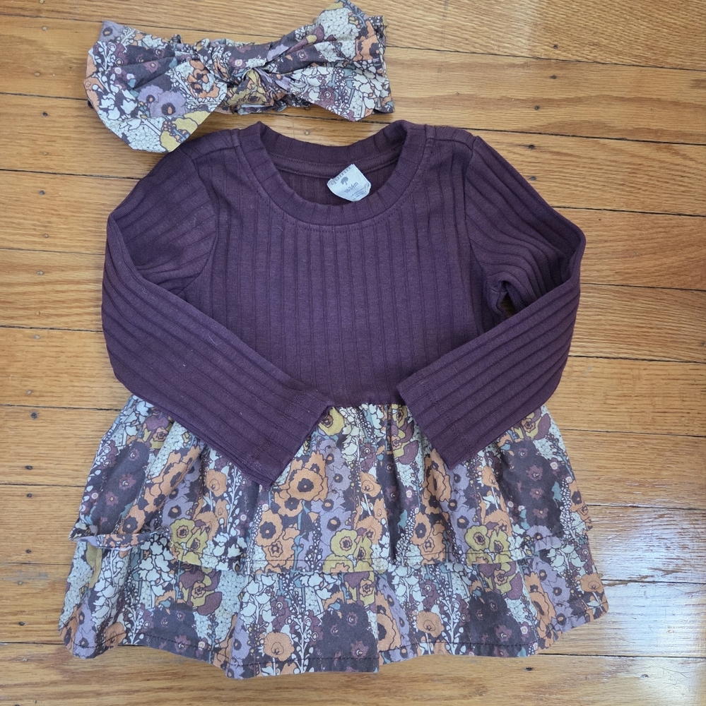 Purple Long Sleeve Top with Floral Skirt and Headband- 18-24m w/ large Headband